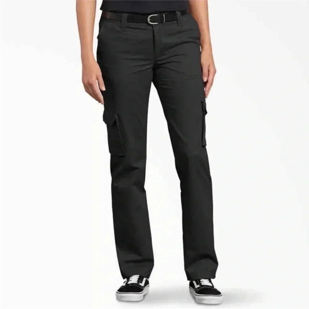 Nwt Dickies Women's Stretch Cargo Pants Black Relaxed Fit Straight Leg Sz 16r